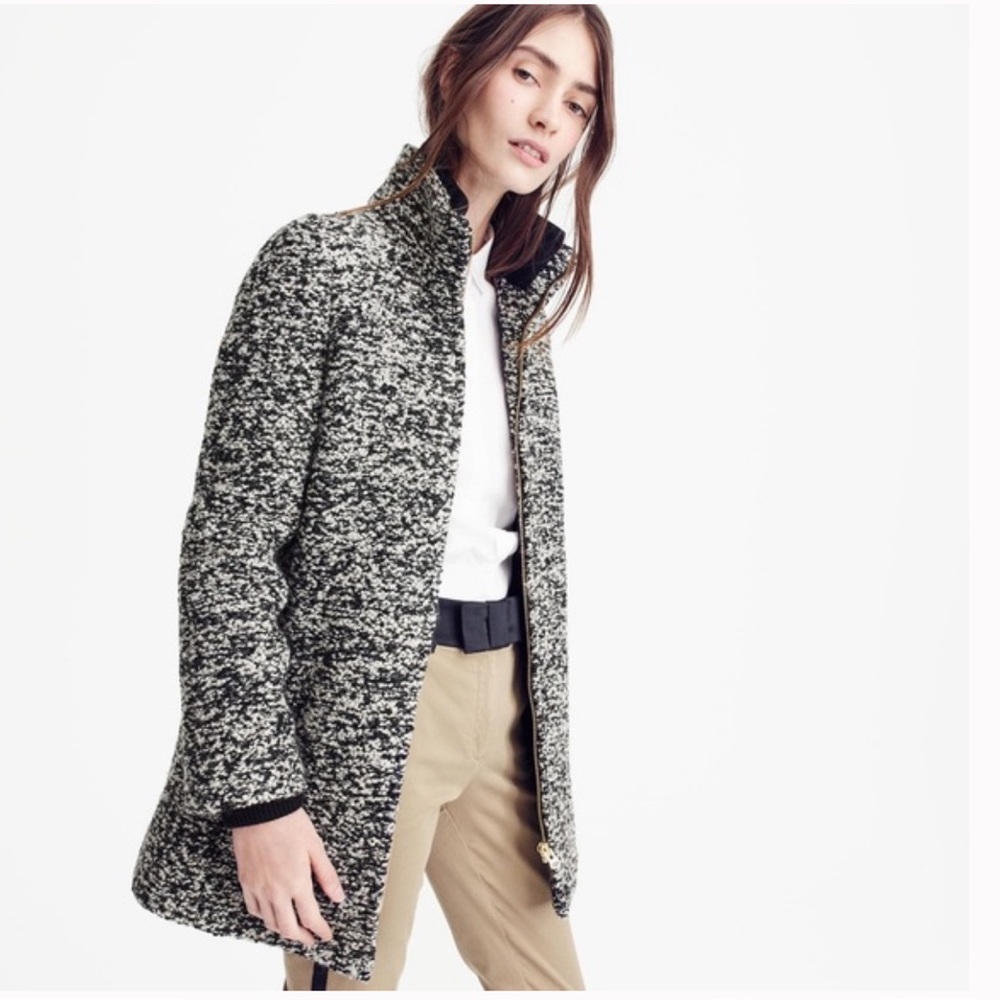 #20 J.CREW l Black White Speckled Boucle Lodge Coat Mock Neck Size 0/XS